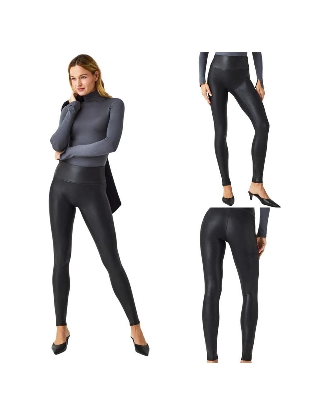 Spanx Womens Black Faux Leather Leggings Size Medium Figure Flattering Stretch